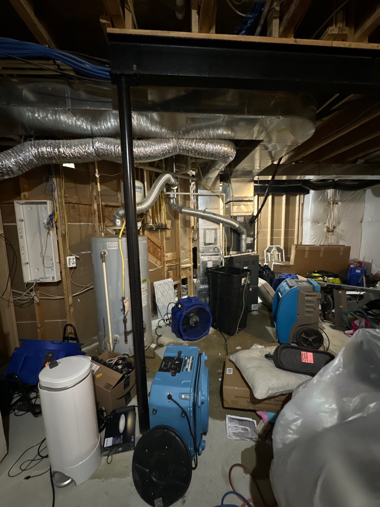Containment barrier and negative air setup protecting adjacent areas during mold remediation work.