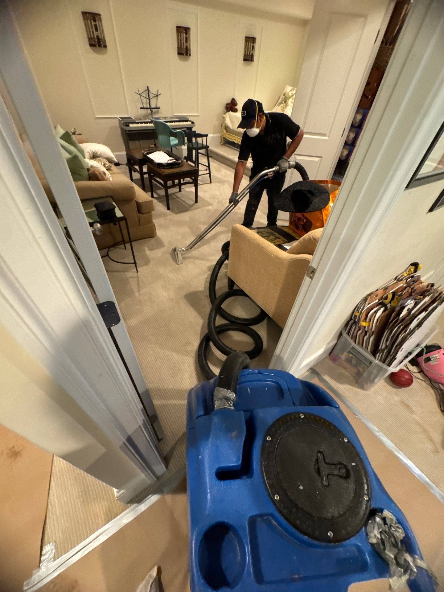 Wet flooring and carpet removal in progress at Church water restoration job.