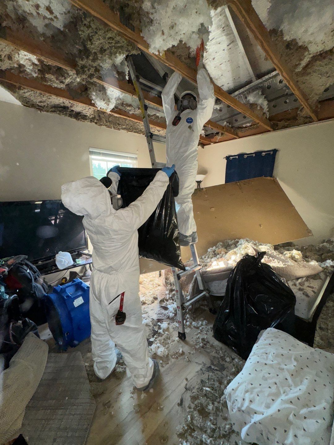 Dehumidification equipment positioned during structural drying phase of water damage restoration.