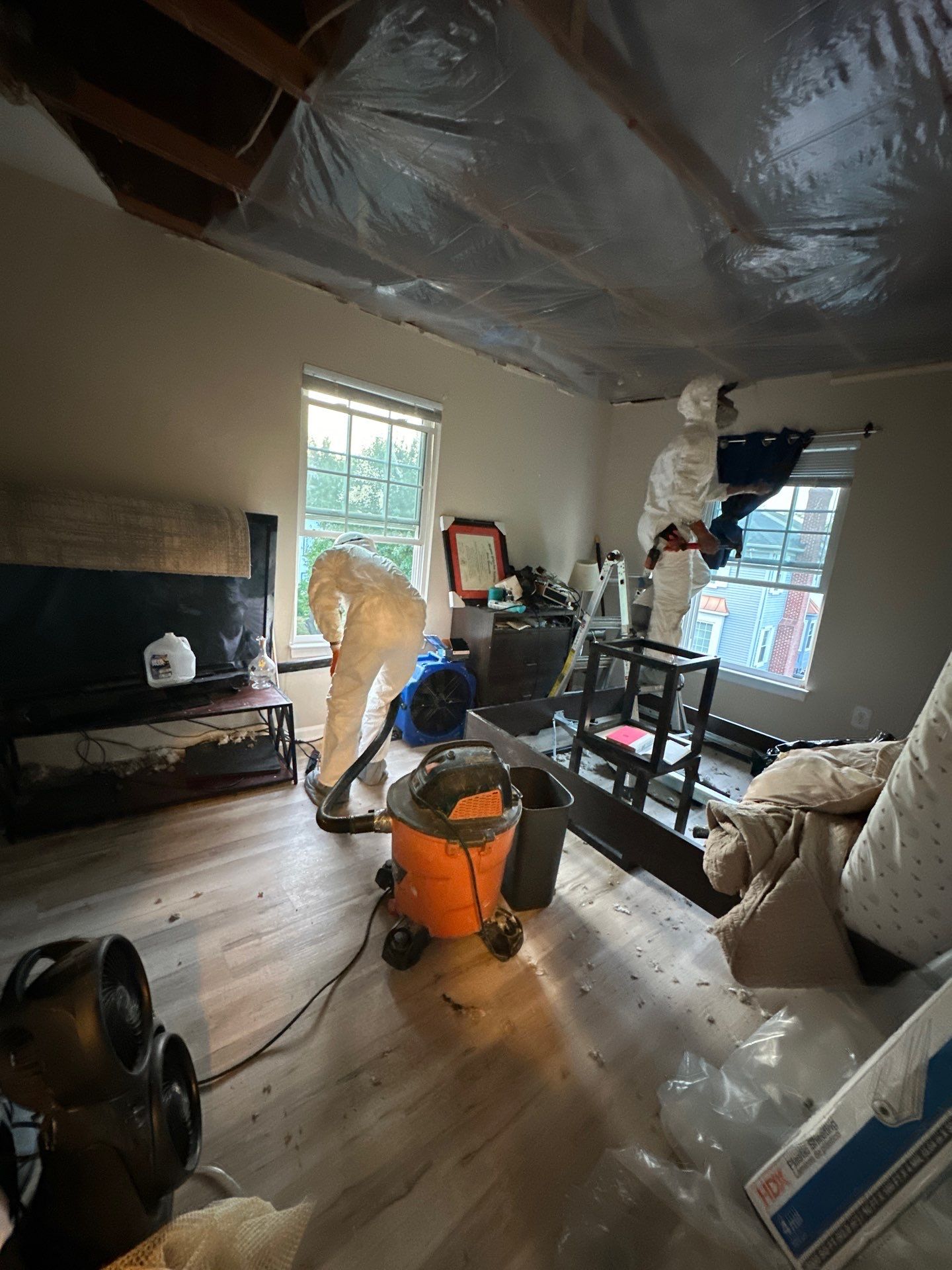 Final structural drying phase complete, equipment removal and moisture verification in Alexandria.
