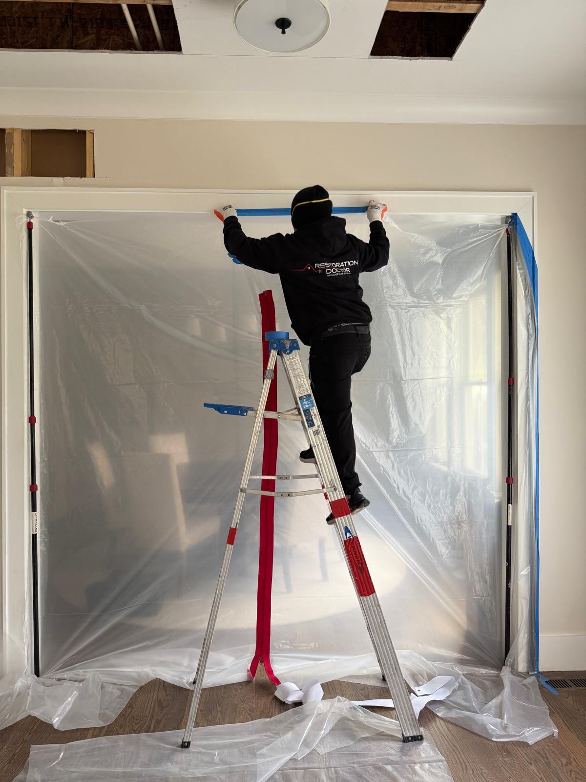 Containment setup with dehumidification equipment positioned for controlled structural drying in water restoration.