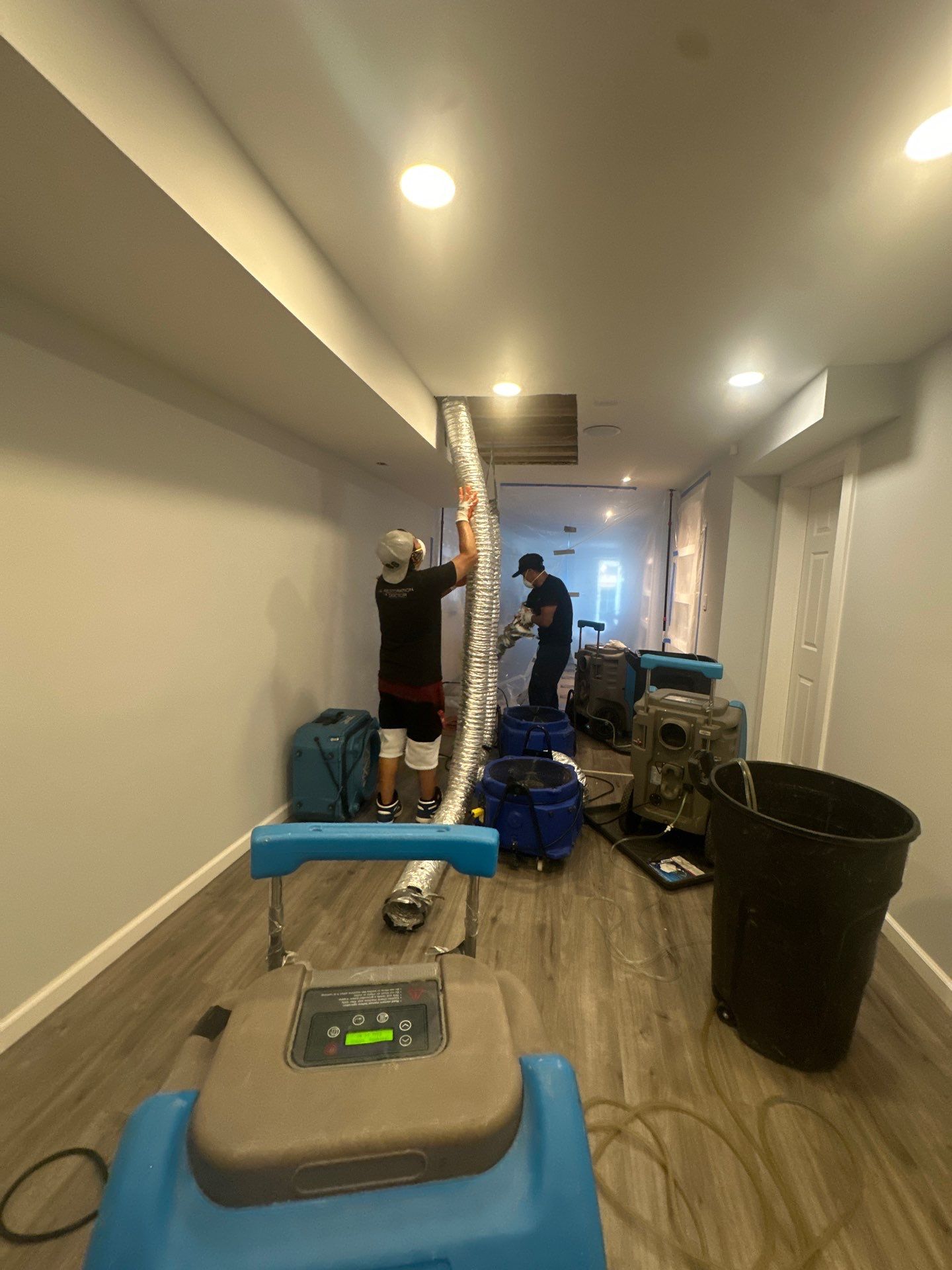 Water damage restoration in Washington: structural drying equipment and containment setup for mold remediation.
