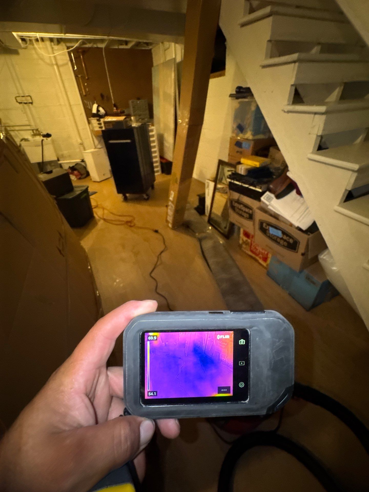Infrared scan revealing subsurface moisture distribution across affected wall cavity.