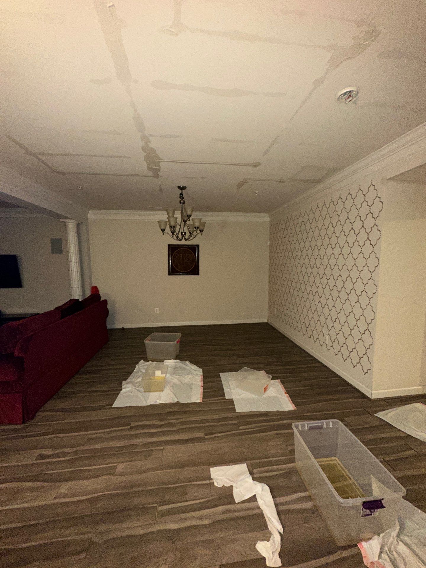 Containment barrier erected around affected ceiling area to isolate mold remediation scope.