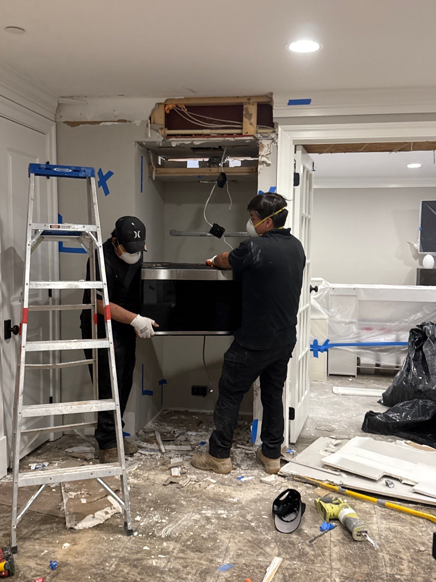 Final-stage mold remediation in Bethesda with containment removal and structural surfaces prepared.