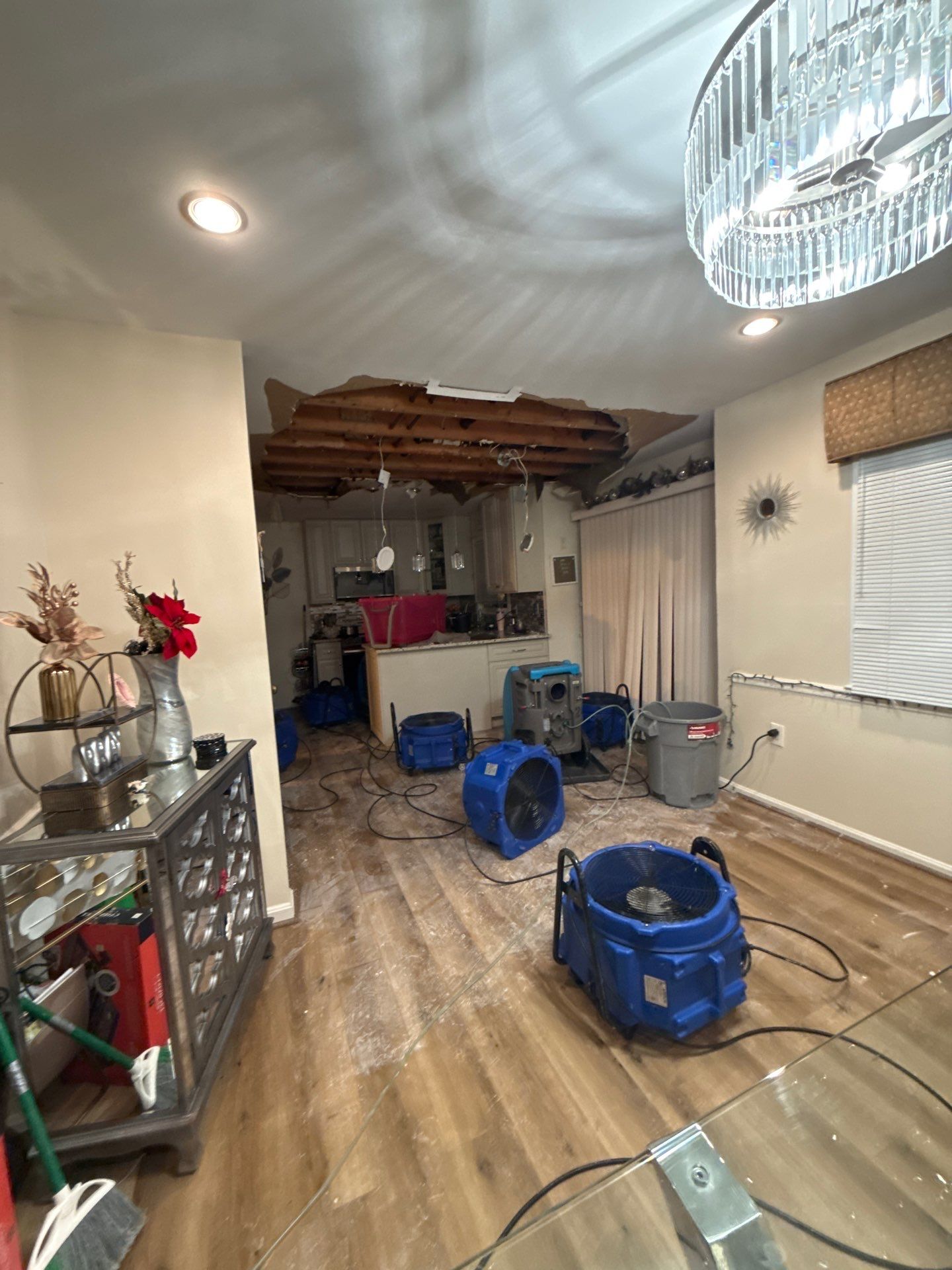 Containment barrier installed around affected ceiling area prior to remediation work.