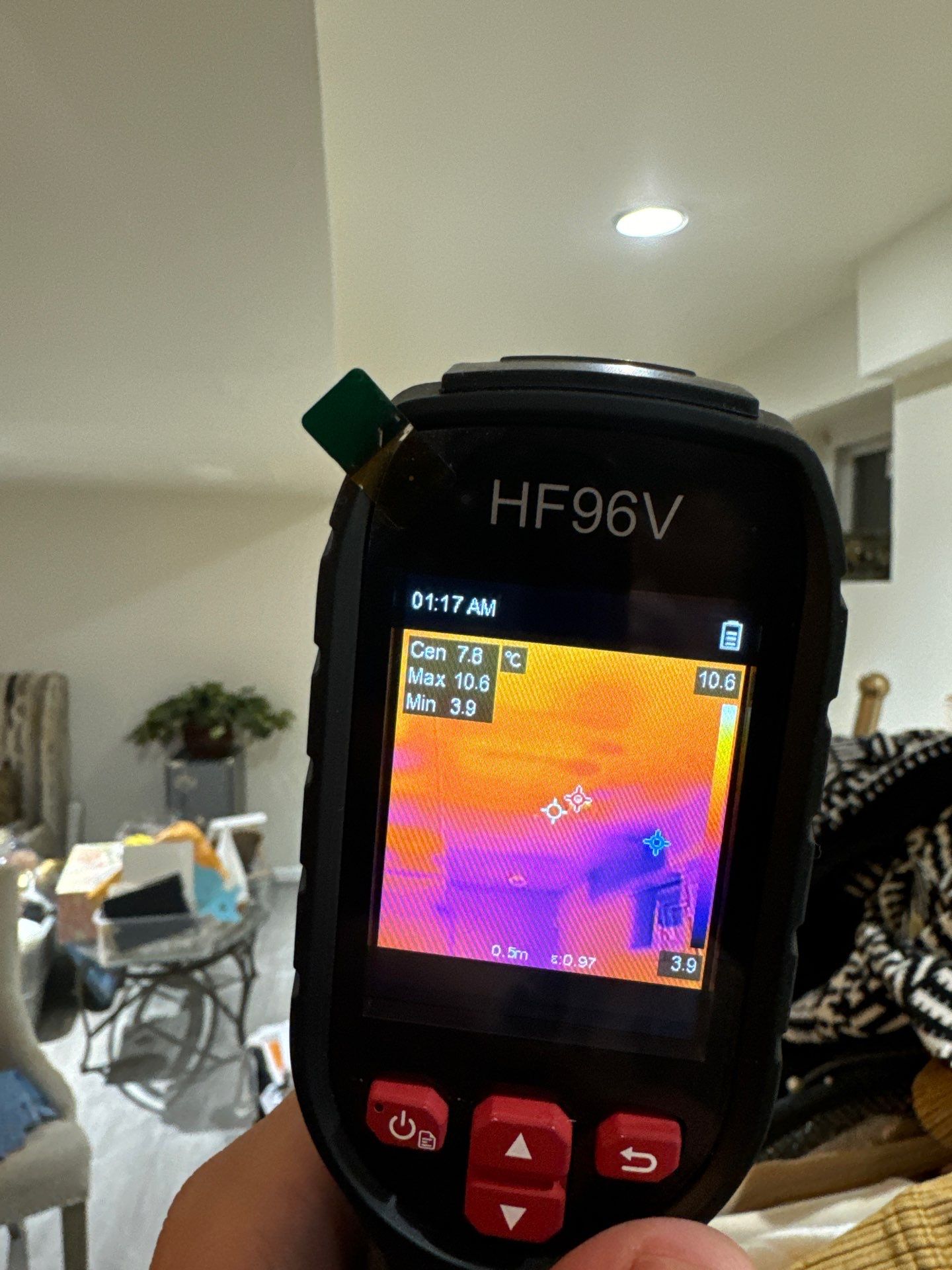 Thermal imaging reveals moisture patterns in ceiling cavity during Silver Spring mold assessment.