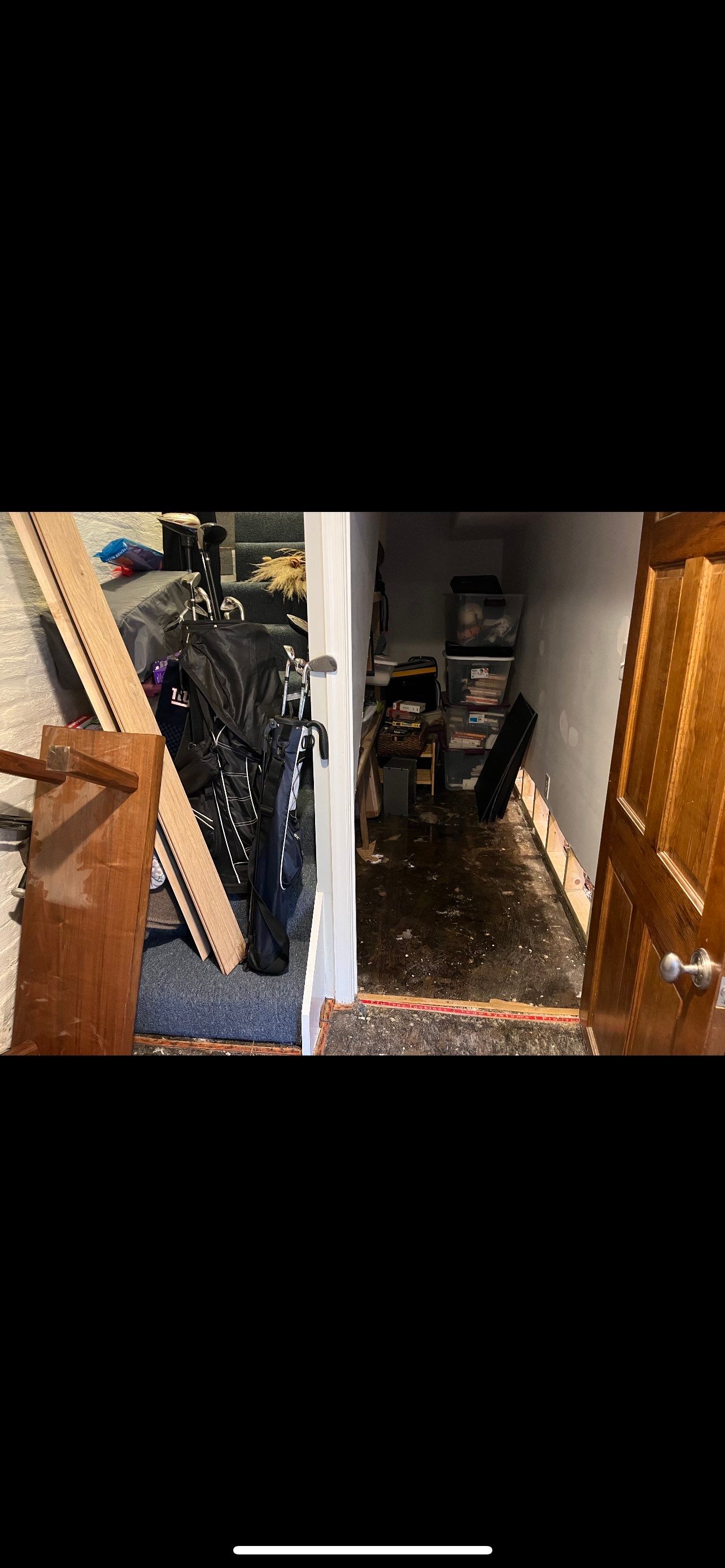 Dehumidifiers and air movers operating during structural drying phase of water restoration.