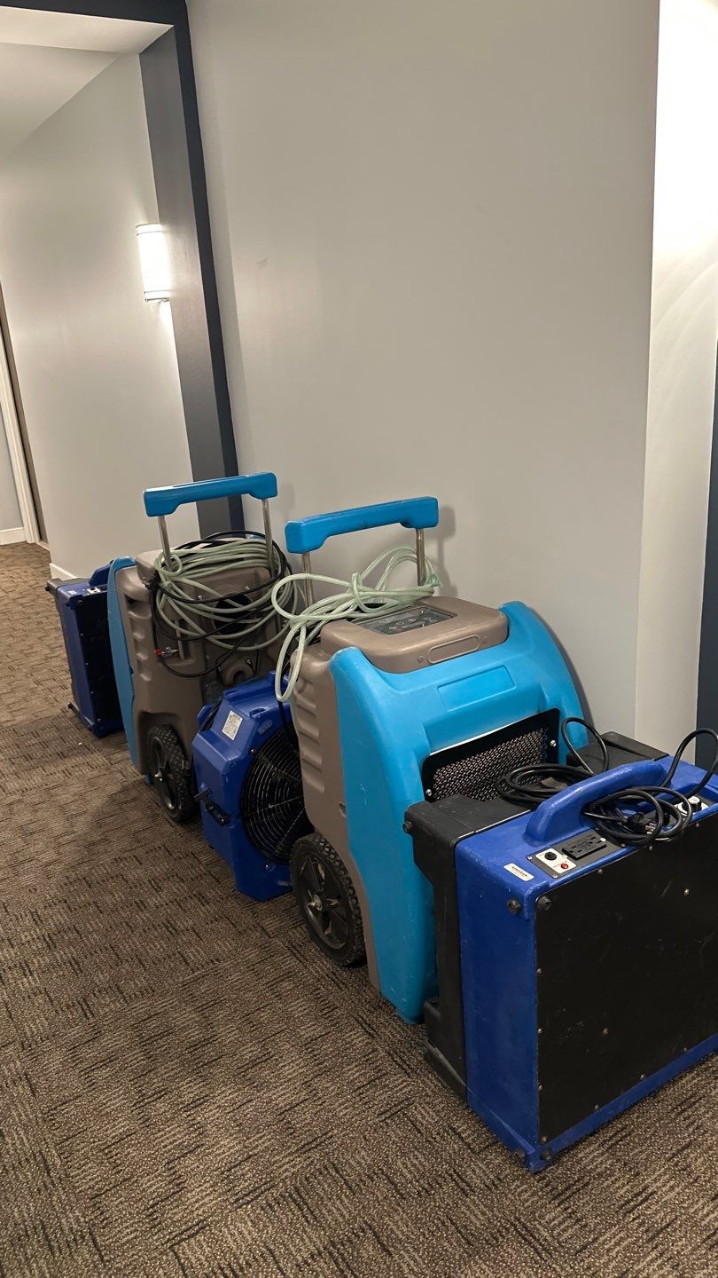 Water extraction and dehumidification equipment deployed during initial assessment of Washington water damage restoration.