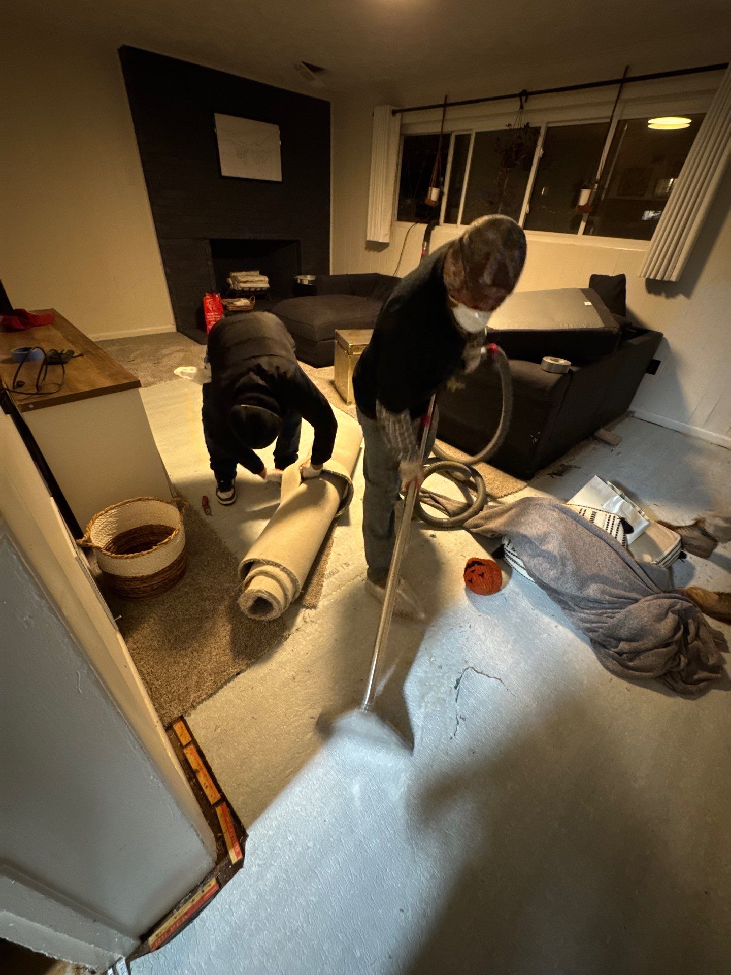 Flooring removal and structural assessment during mold remediation, with containment barriers in place.