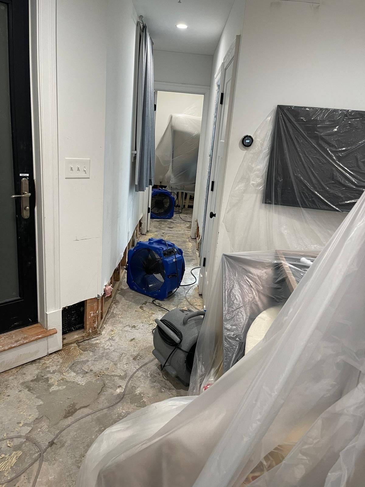 Dehumidification and air movement equipment operating in drying phase.