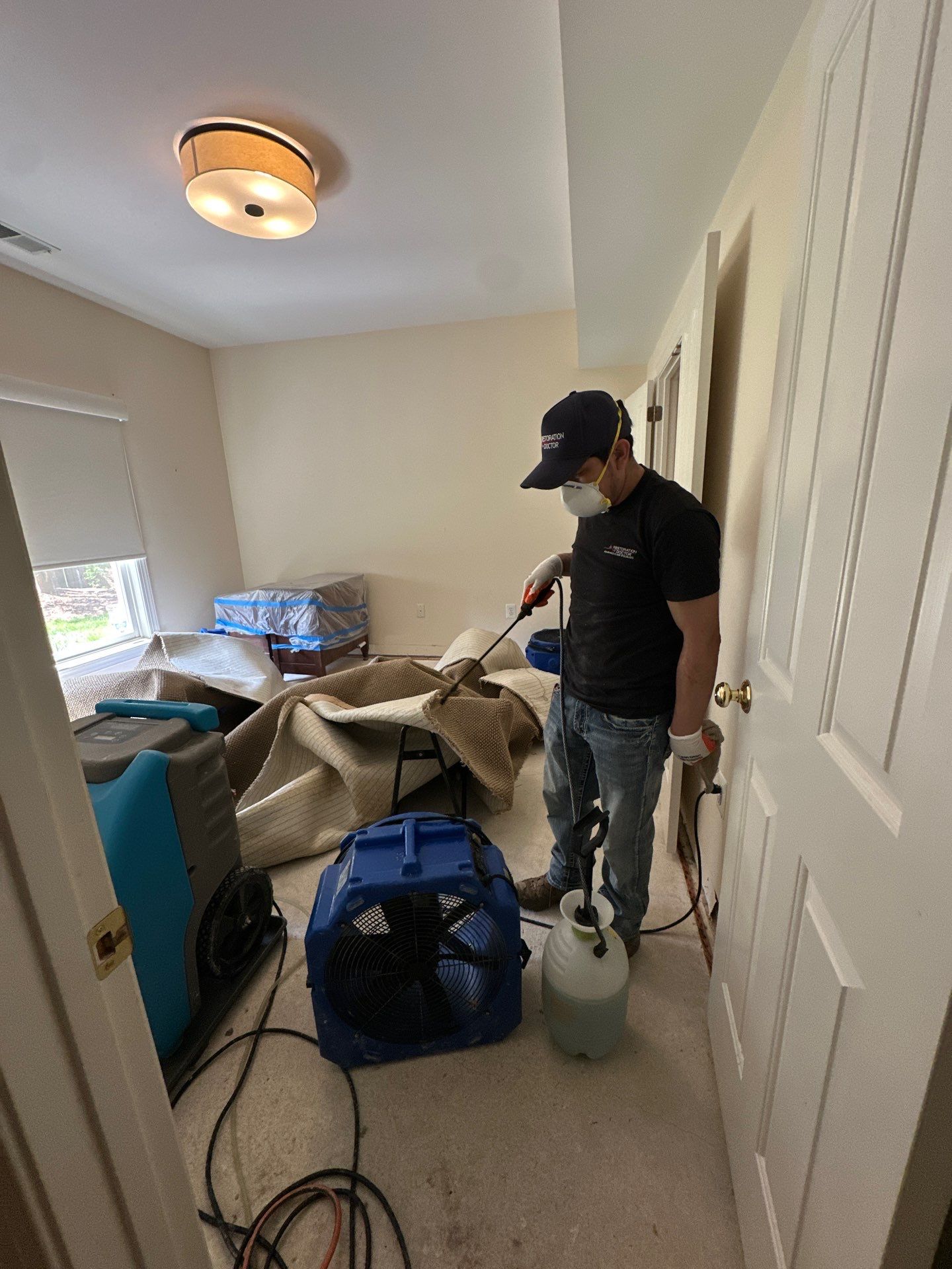 Standing water extraction begins in Chevy Chase mold remediation, removing pooled water from flooring.