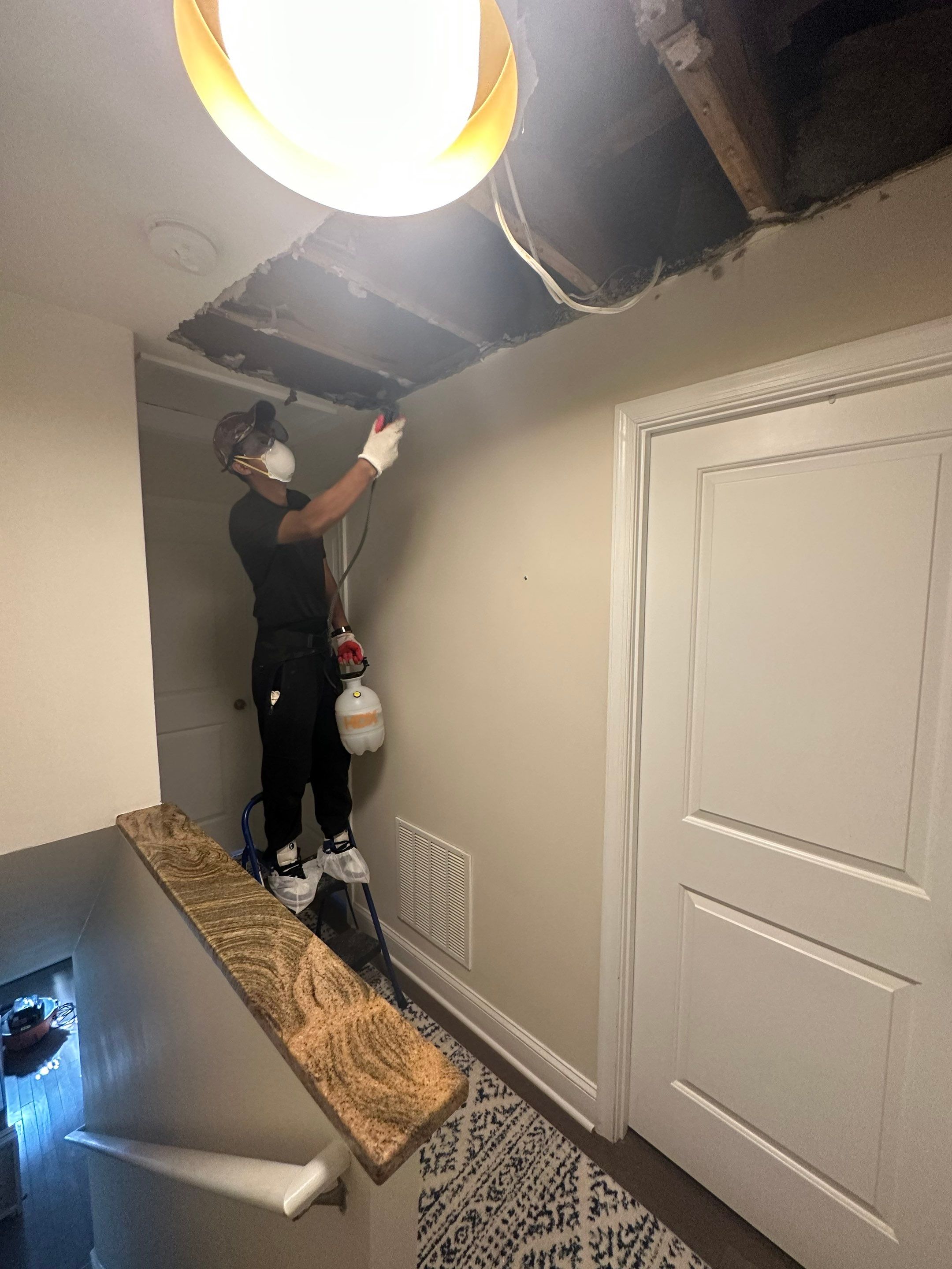 Ceiling damage assessment and preparation for repair work during Washington water restoration.