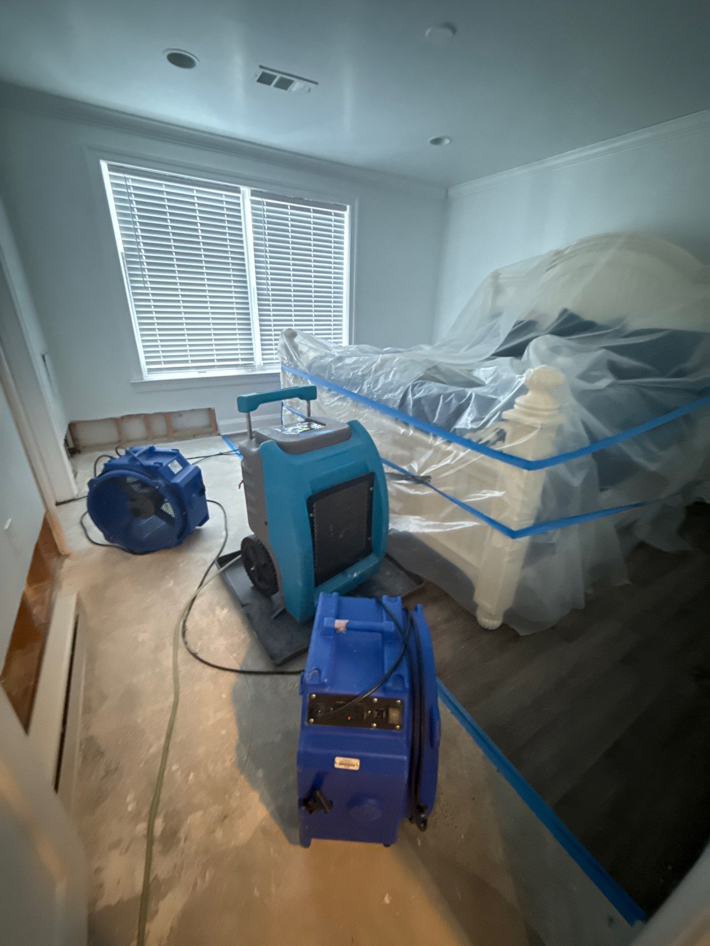 Drying phase progressing with dehumidification and air movement equipment in place.