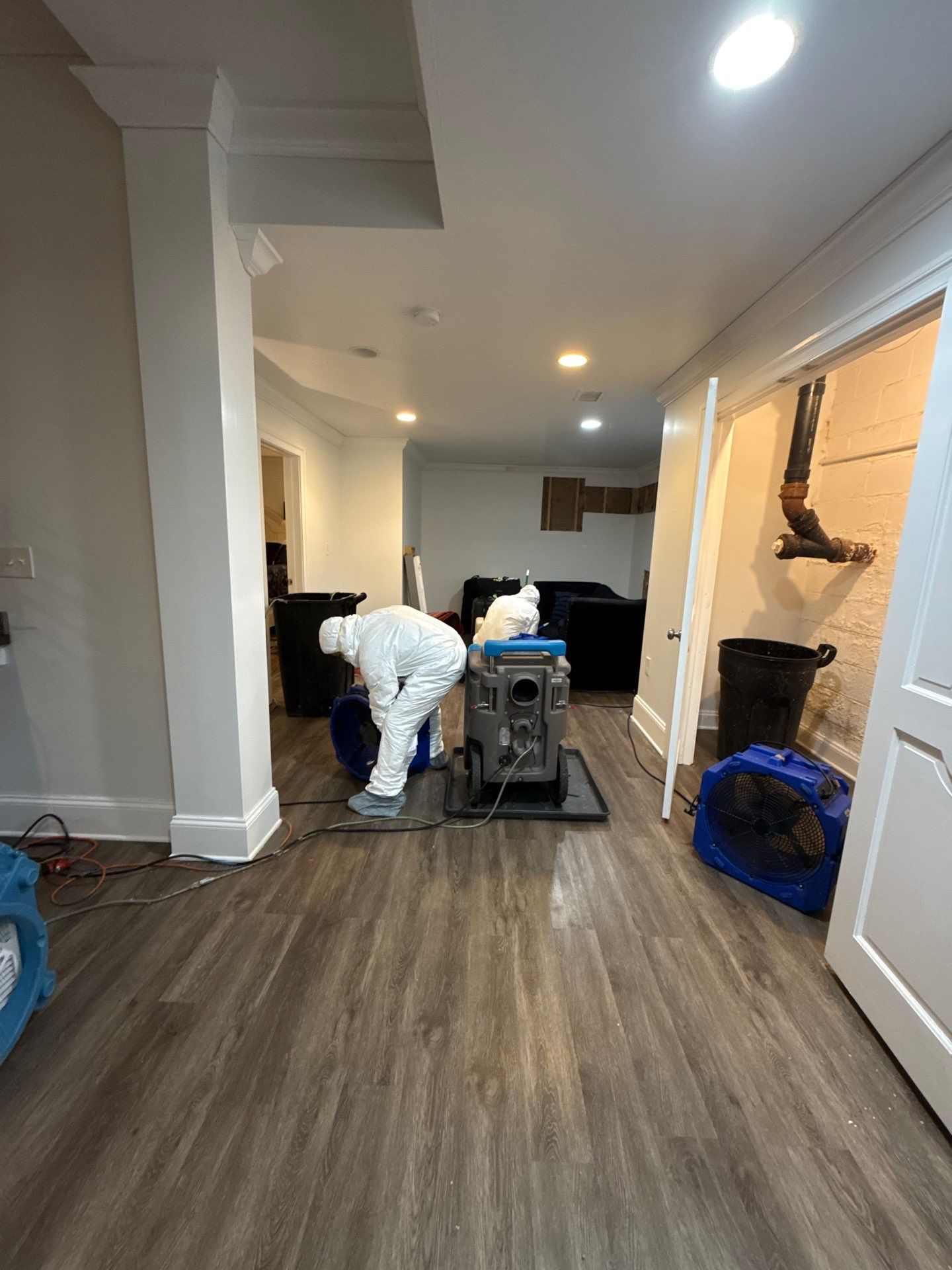 Structural drying equipment deployed during mold remediation water extraction process.