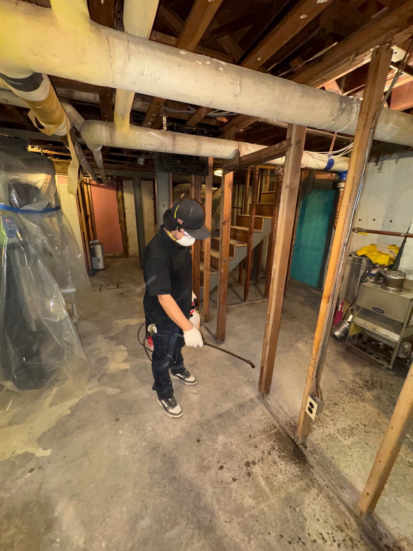 Mid-sequence documentation of equipment and containment during Washington mold remediation.