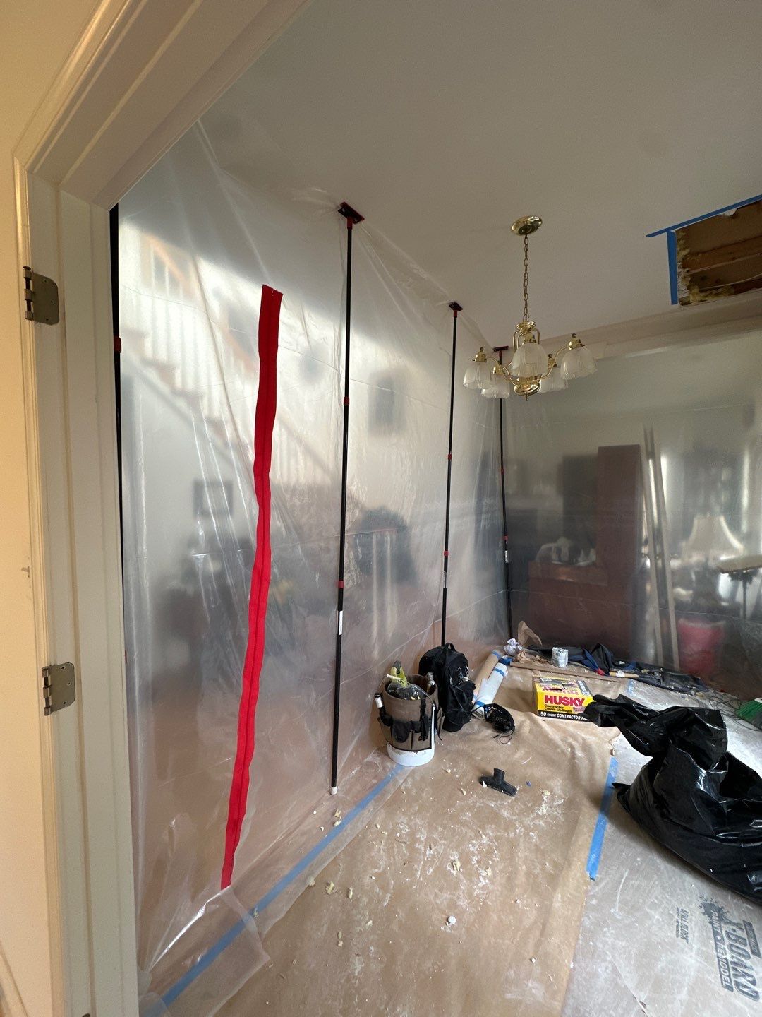 Dehumidification equipment positioned during structural drying phase of water damage restoration.