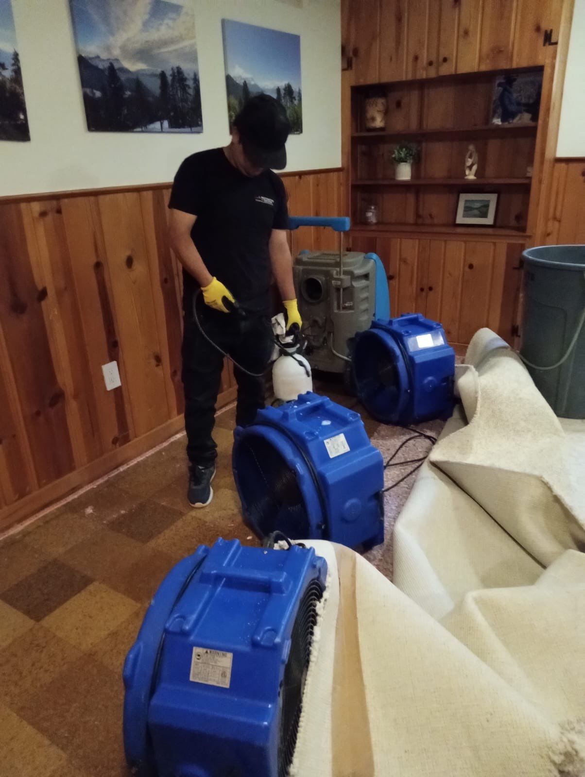 Ceiling damage assessment and preparation for repair following water extraction and initial drying phase.