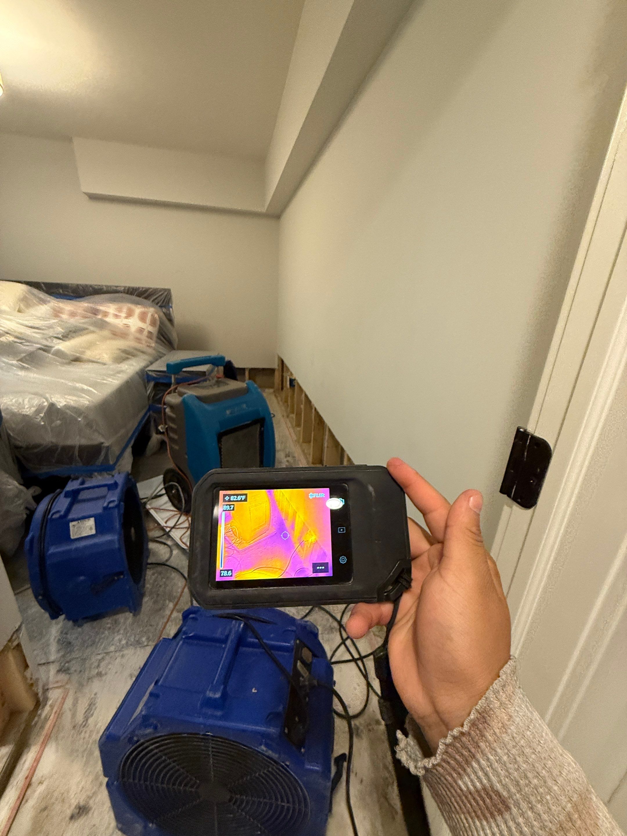 Completed wall restoration and final drying verification after mold remediation in Bethesda.
