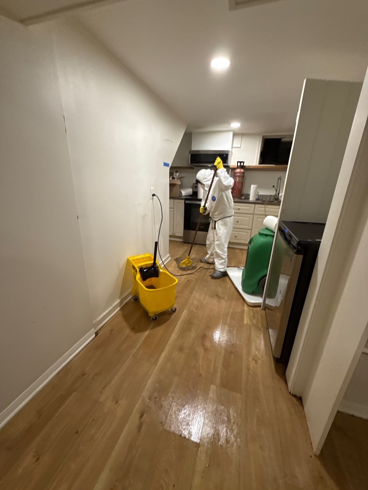 Containment and removal of saturated carpet sections to prevent mold spread.