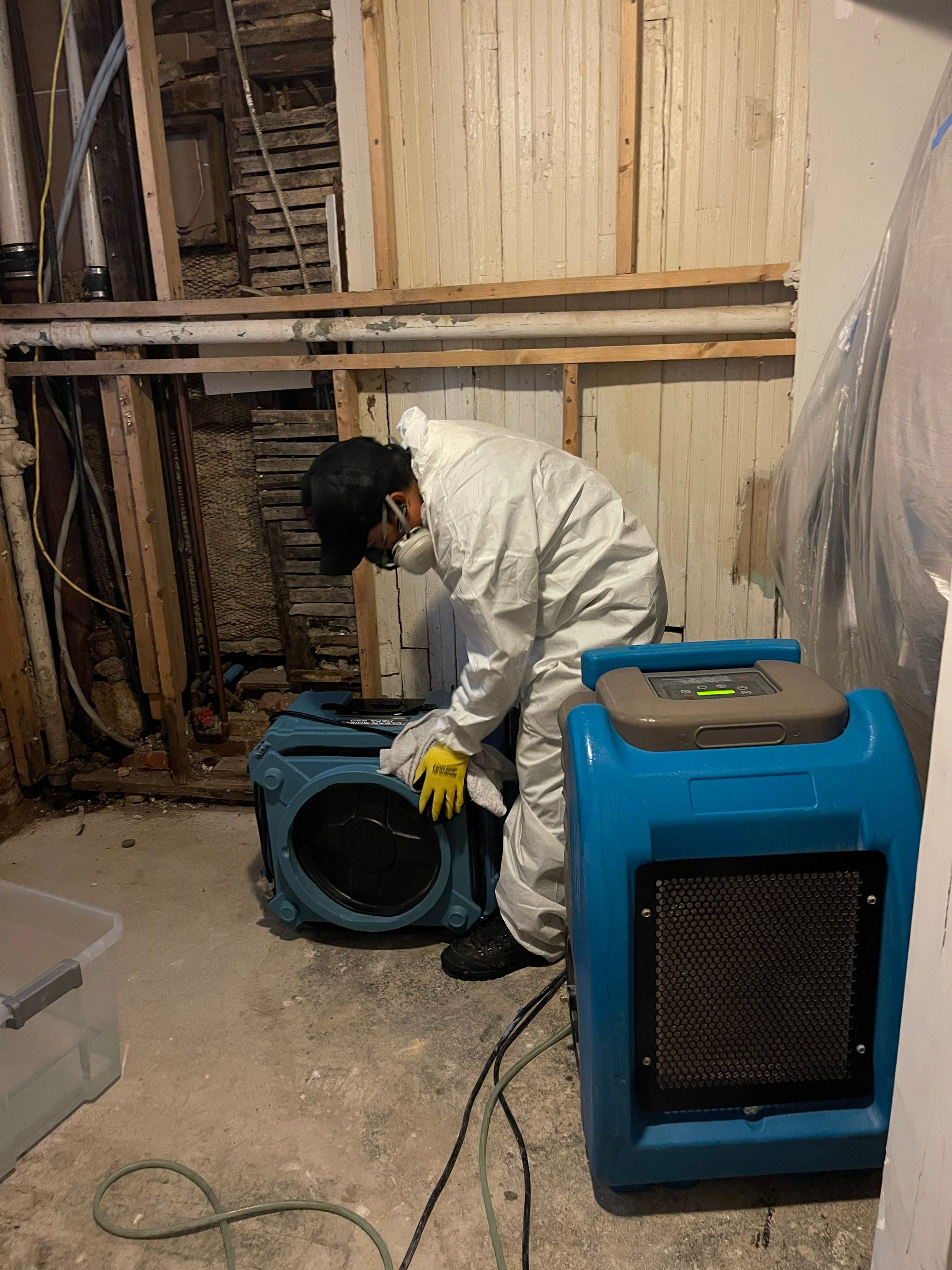 Final-stage drying verification in Washington water restoration, with equipment in place confirming moisture levels have reached acceptable standards for occupancy.