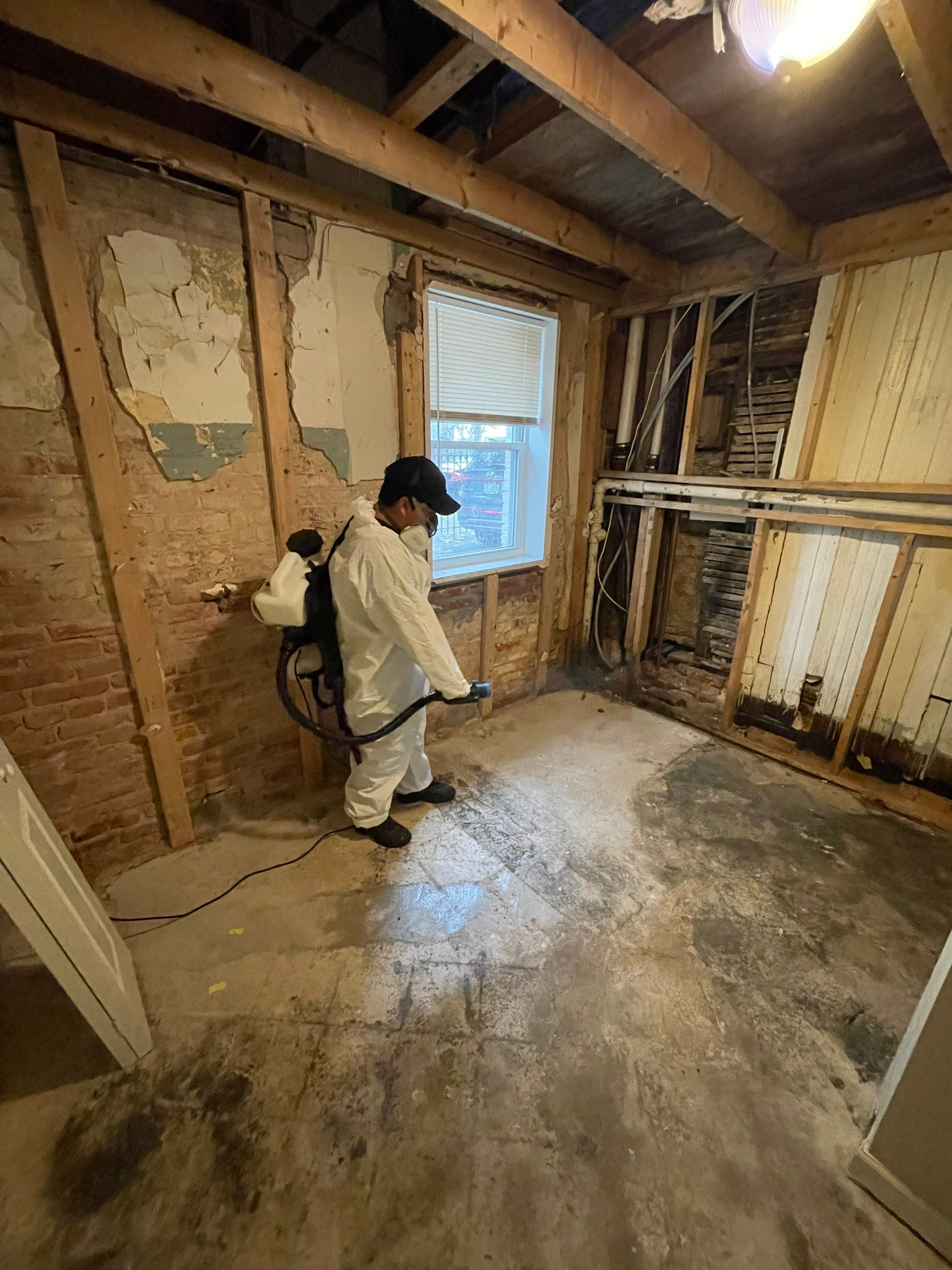Dehumidification equipment positioned throughout the drying area to manage moisture levels during structural drying phase of restoration.