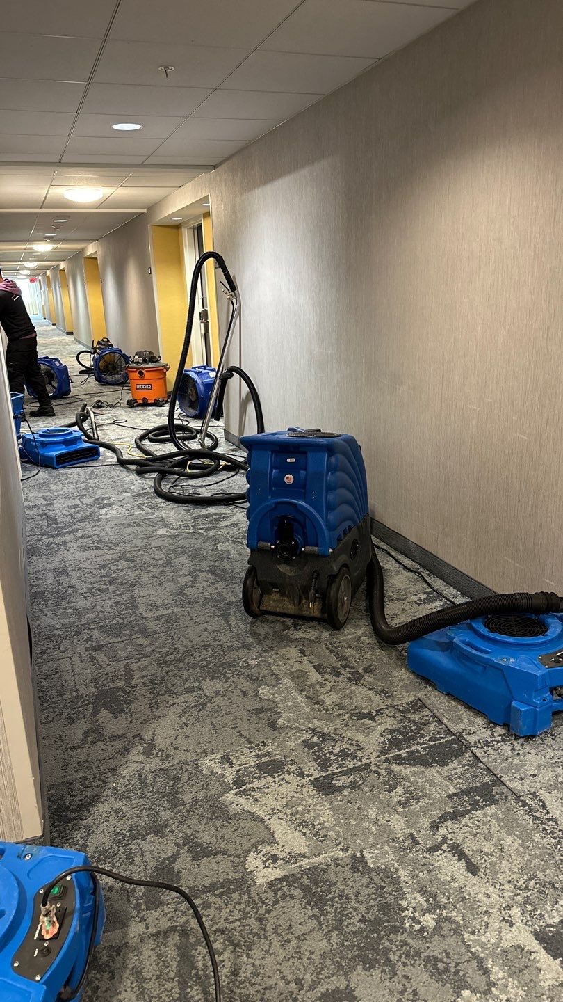 Continued moisture extraction and air circulation during mid-stage drying of water-damaged spaces.
