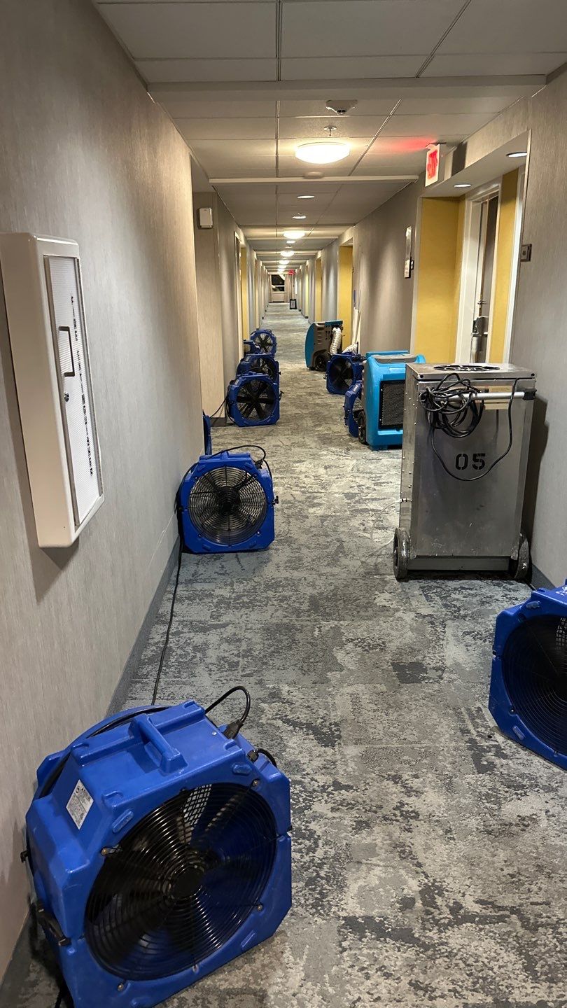 Dehumidification equipment positioned throughout affected area to begin structural drying process.