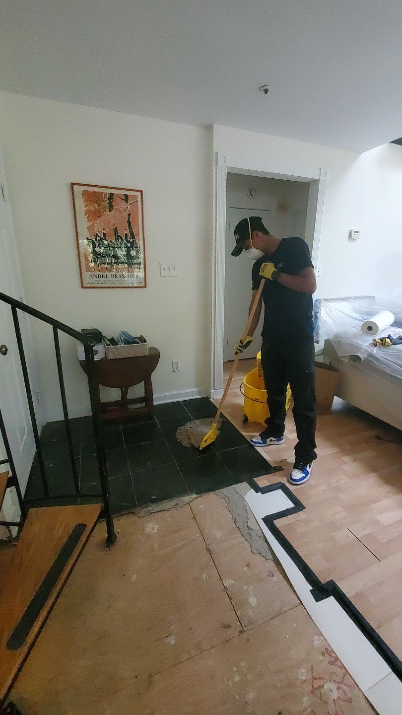 Continued drying phase with dehumidifiers and extractors operating in affected areas.
