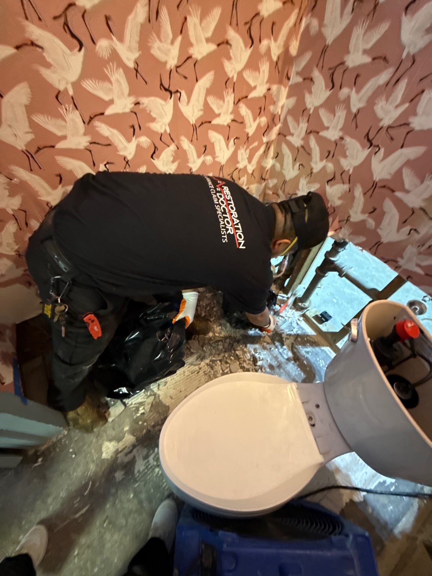 Dehumidification and air movement equipment operating to complete structural drying in affected areas.