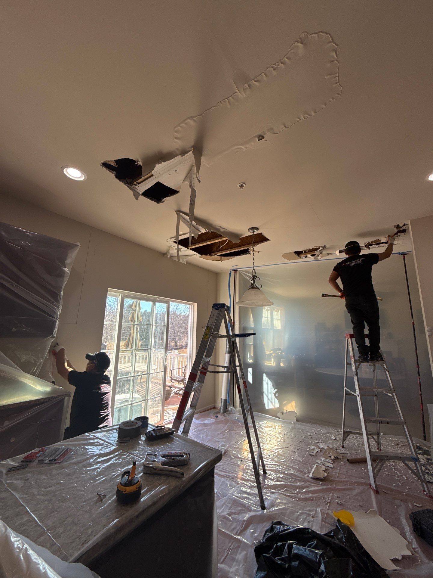 Restored ceiling and structural areas following mold remediation completion.