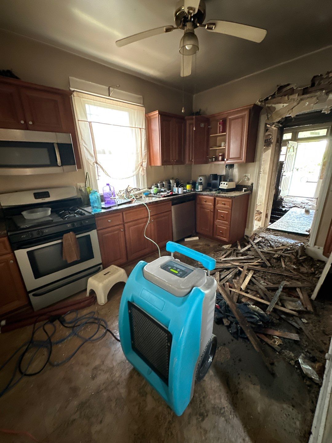 Wet carpet and subflooring exposed during water damage assessment and remediation.