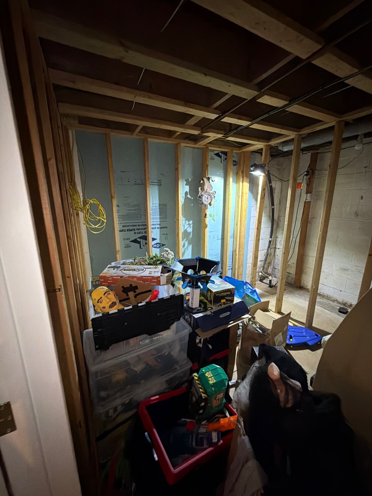Dehumidification and air circulation equipment positioned during mold remediation to manage moisture and prepare surfaces.