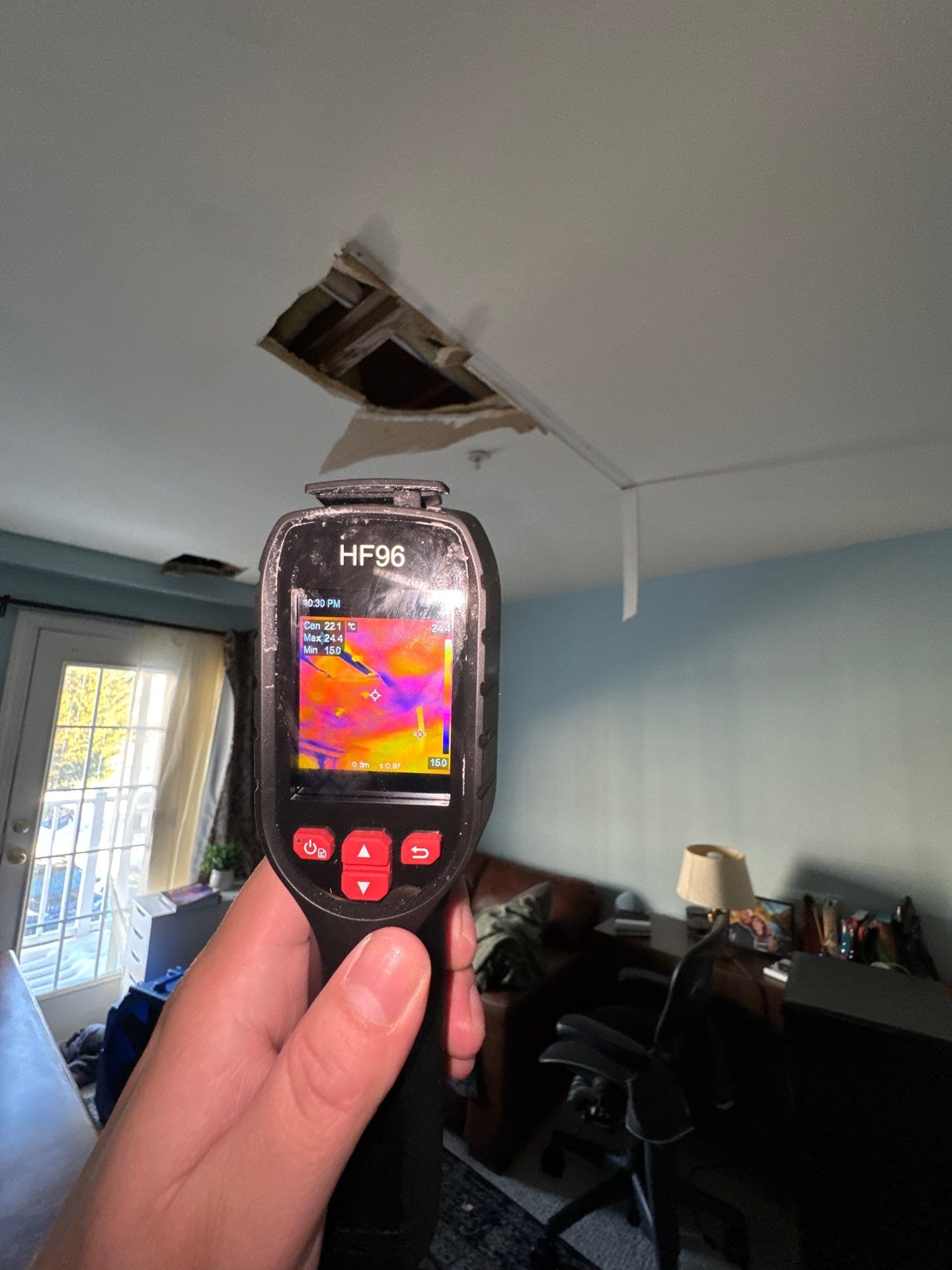 Final sanitization application during mold remediation to address affected building materials.