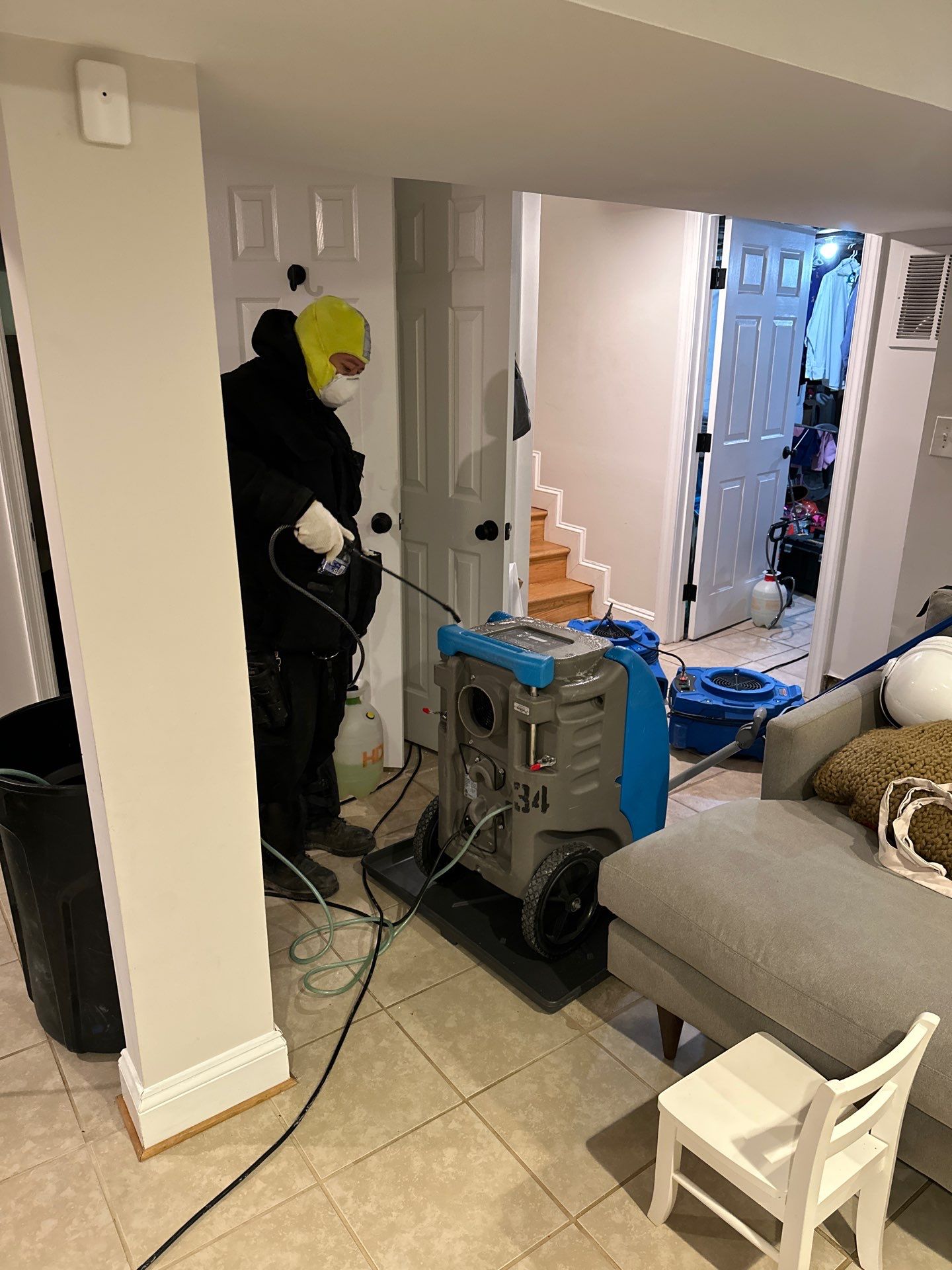Ceiling damage assessment and preparation for repair following water extraction phase.