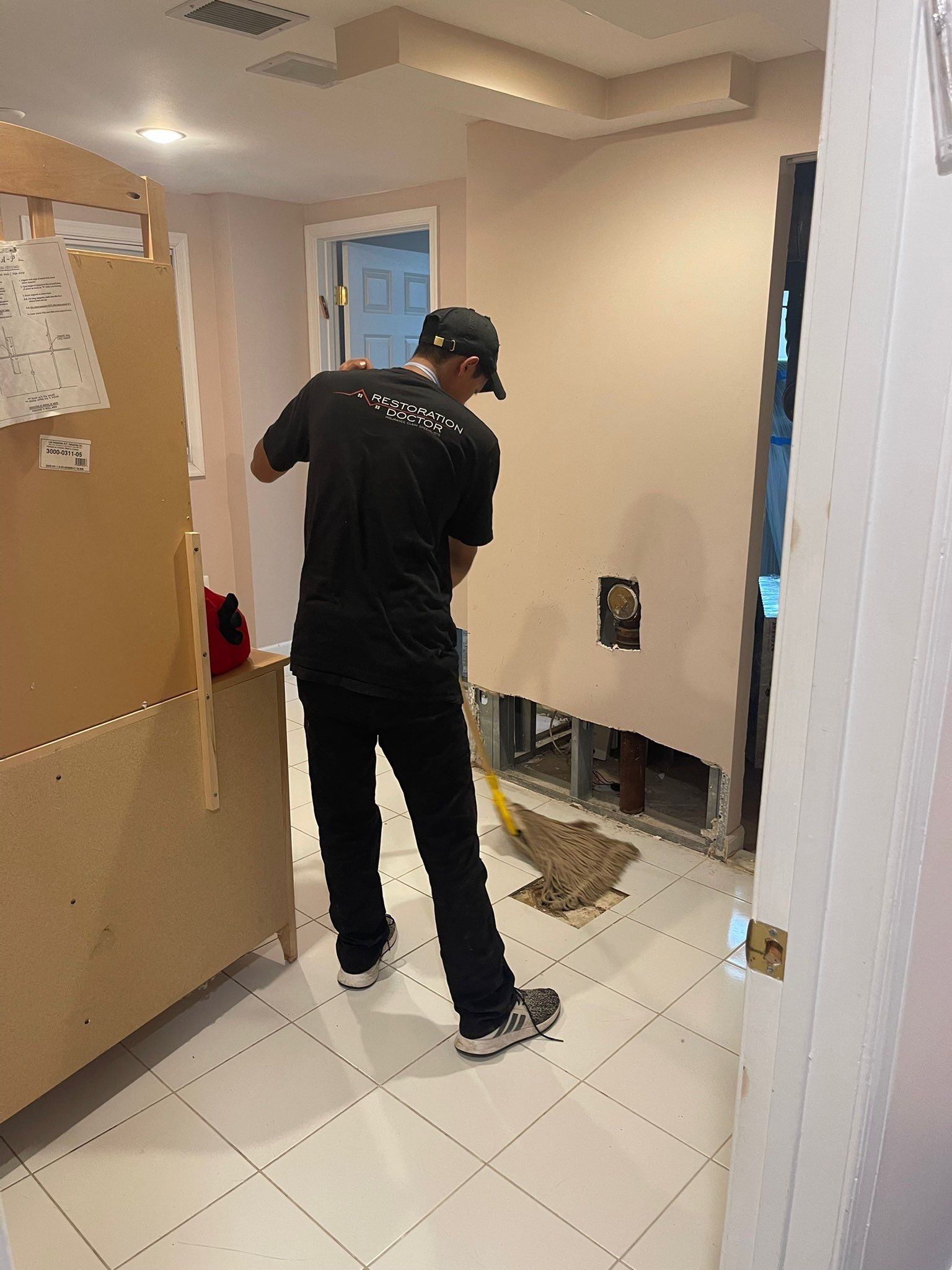 Final inspection of restored space after water extraction, flooring remediation, and sanitization in Potomac.